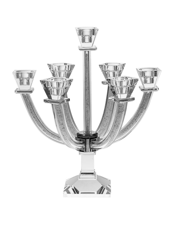 Seven-branch crystal candelabra with crushed stone-filled arms fanning out from one clear column