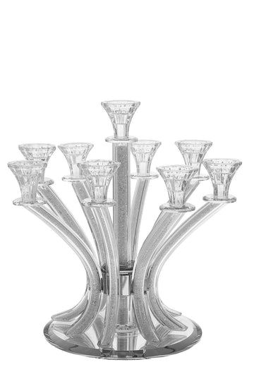 Crystal 9 branch candelabra with curved crushed-stone arms fanning from a round base