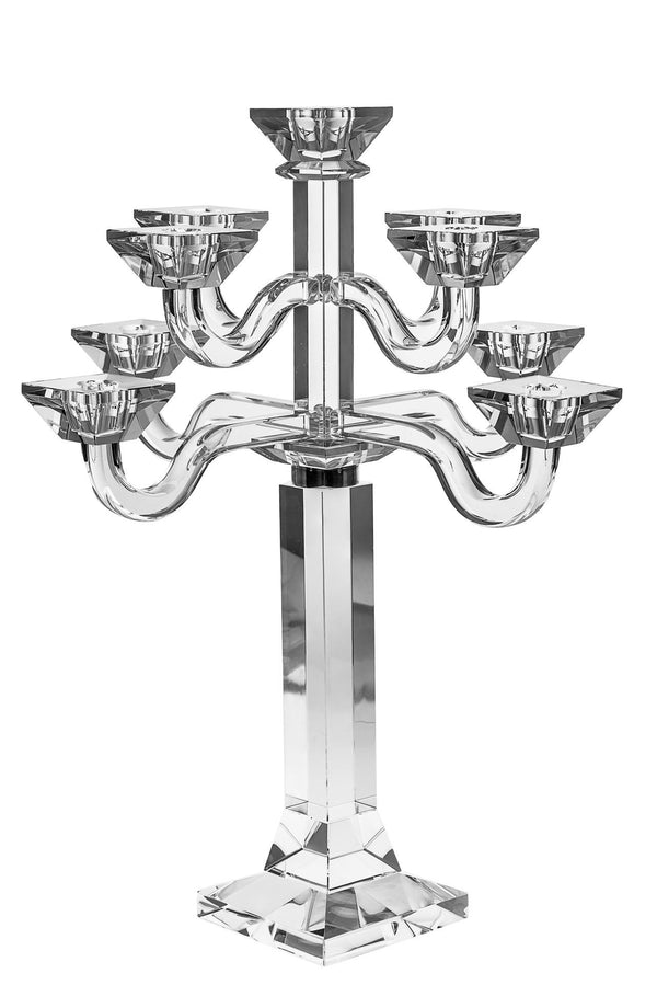 Tall clear crystal candelabra with nine cups on two tiers of curved arms and a square column