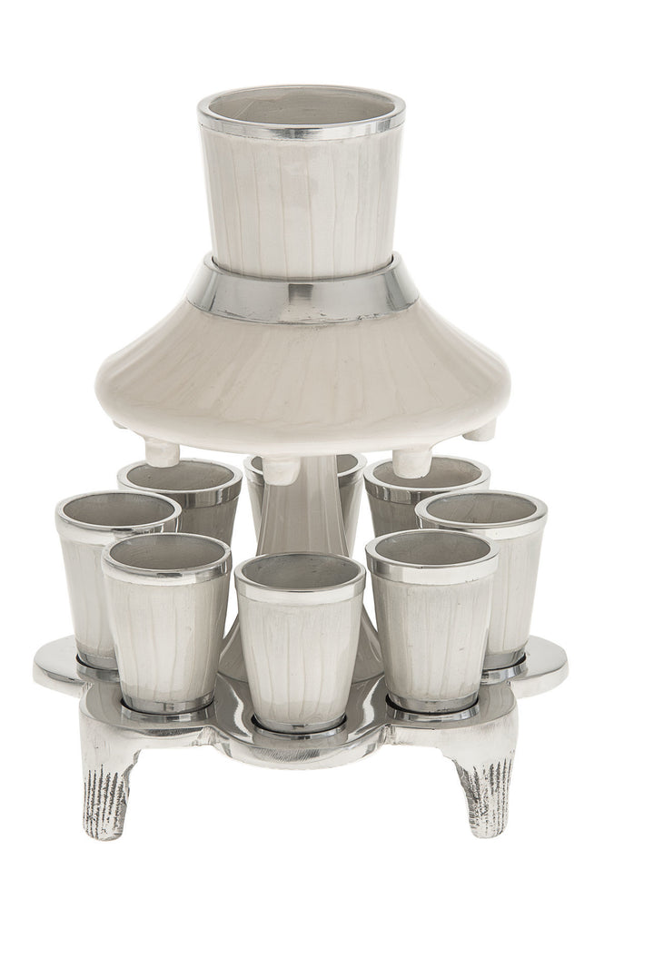White enamel wine fountain with silver-tone rims, top cup and small cups around the base