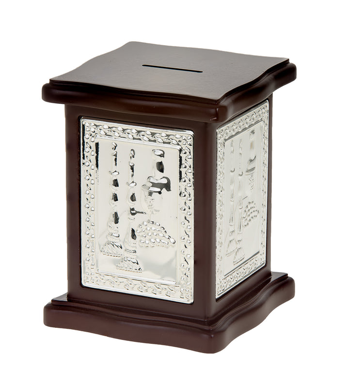 Tzedakah Box Wood and Silver Plated Square