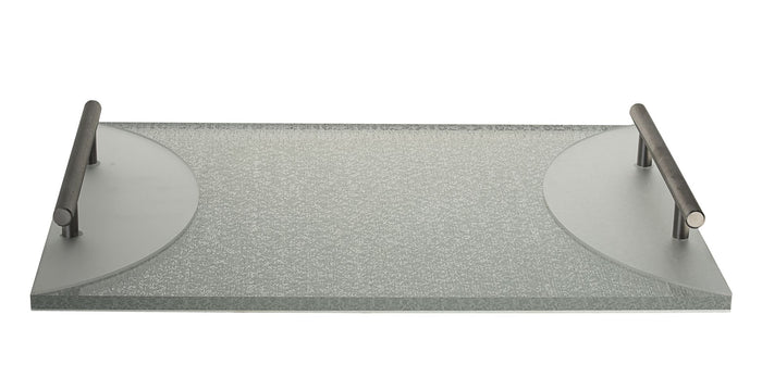 Textured silver Lucite challah board with frosted half-circle ends and dark bar handles