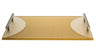 Gold textured Lucite challah board with pale frosted half-circle ends and metal bar handles