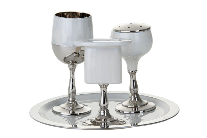 White enamel Havdalah set: Kiddush cup, candle holder and perforated spice box on a round tray