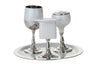 White enamel Havdalah set: Kiddush cup, candle holder and perforated spice box on a round tray