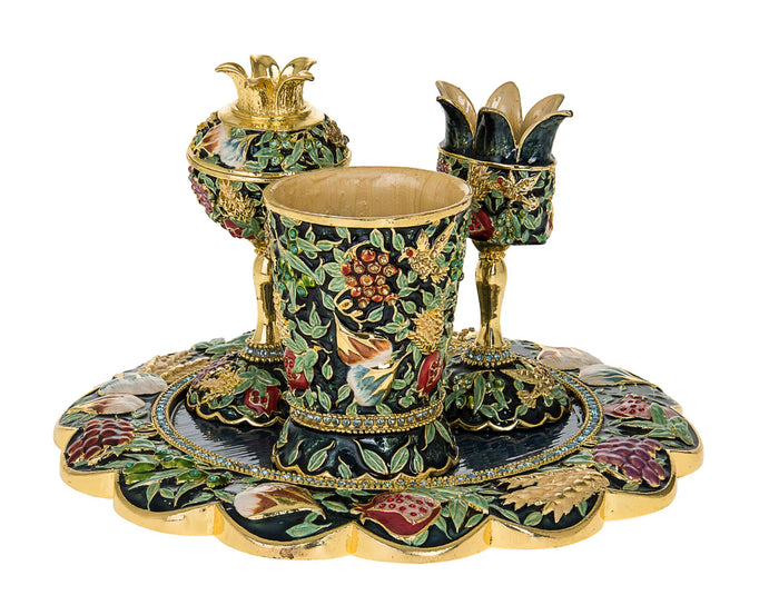 Deep blue jeweled enamel Havdalah set with cup, pomegranate spice box and candle holder on a tray