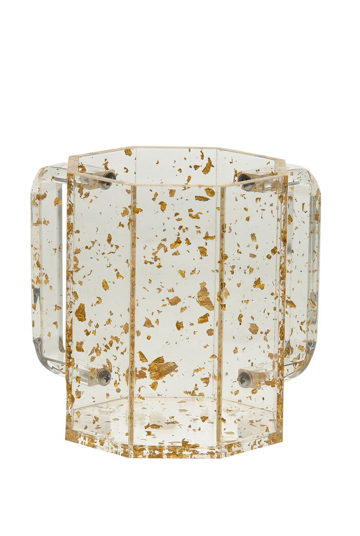 Six-sided clear Lucite wash cup filled with gold flakes and two flat handles