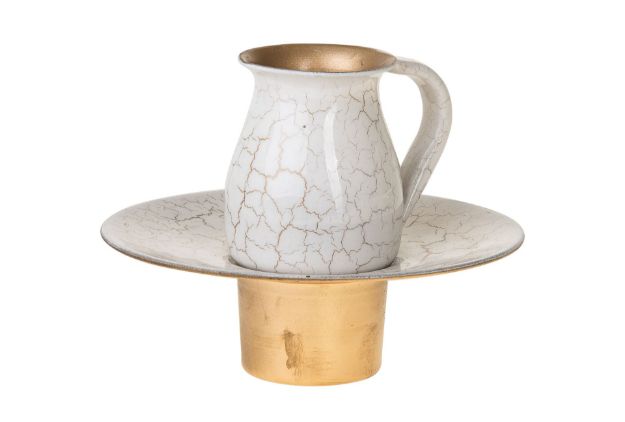 Mayim Achronim Large Stainless Steel White Crackle with gold — alternate view | Judaica Square Lakewood
