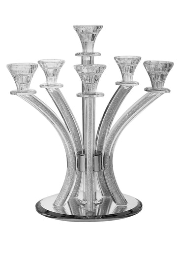 Six-branch crystal candelabra with stone-filled curved arms on a round mirrored base
