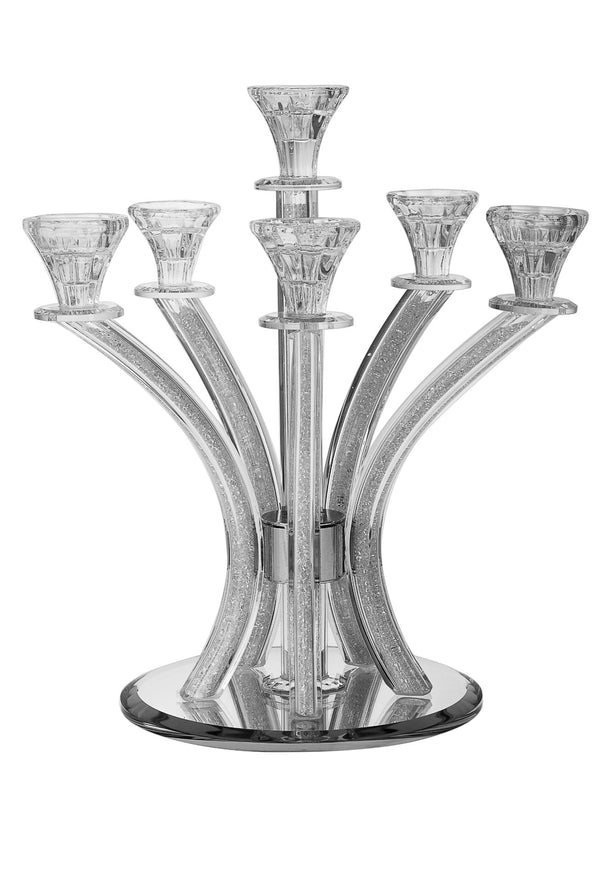 Six-branch crystal candelabra with stone-filled curved arms on a round mirrored base