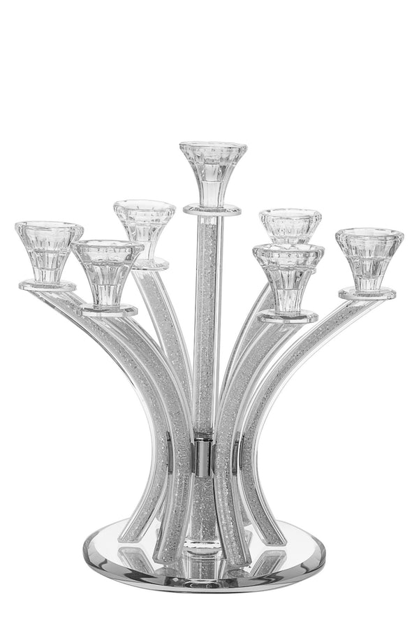 Seven-branch crystal candelabra with silver crushed-stone arms and a tall center cup