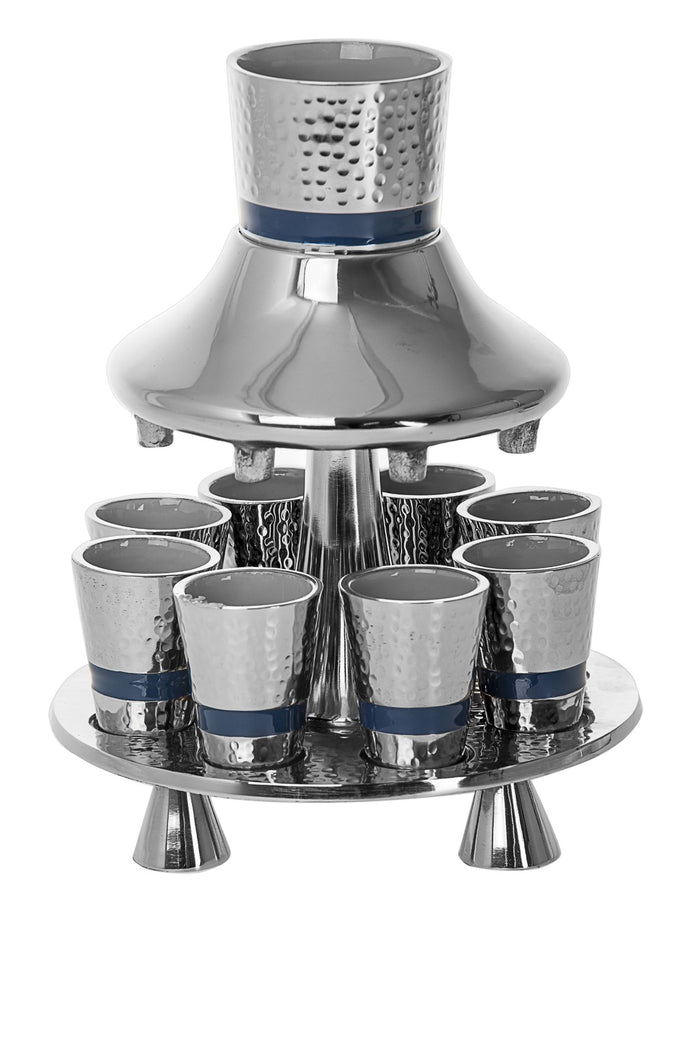 Stainless steel Kiddush fountain with hammered large cup and eight small cups banded in blue enamel