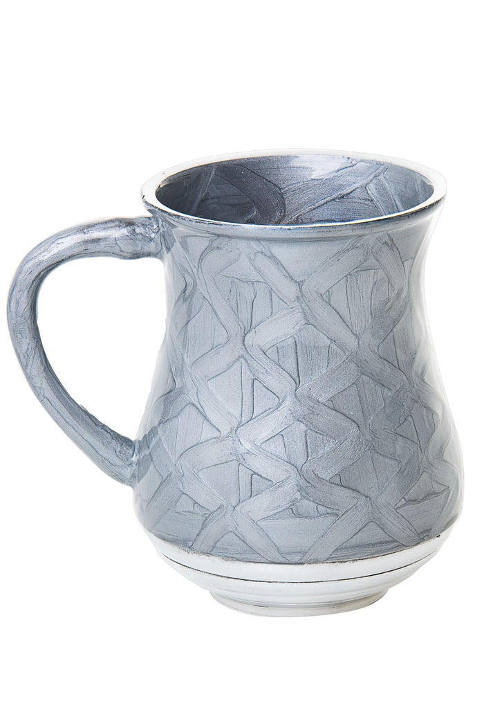 Bell-shaped wash cup in pale silver-grey enamel with raised woven pattern and polished base rings