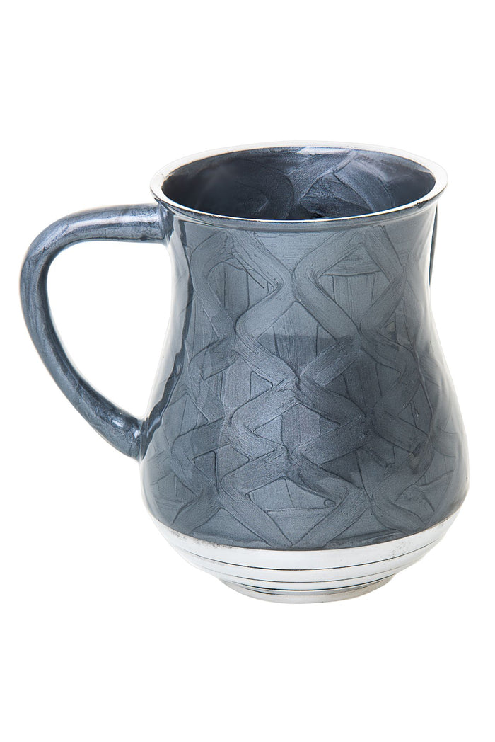 Dark grey enamel wash cup with woven relief pattern and single curved handle, side view