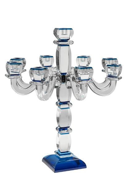 Candelabra Crystal with blue accent — alternate view | Judaica Square Lakewood