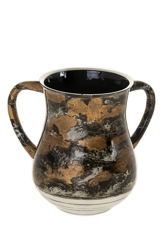 Wash cup with two handles in marbled black and gold enamel, polished silver-tone ringed base