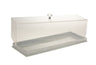 Long clear Lucite cake cover with silver knob resting on a silver-tone textured rectangular base