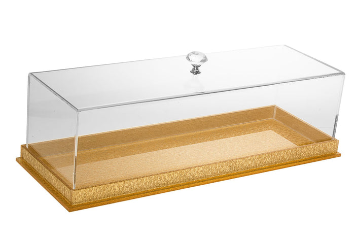 Rectangular Lucite cake box with clear lid, crystal-look knob and textured gold base