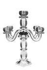 Tall clear crystal candelabra with rounded stacked column and four curved arms plus center cup