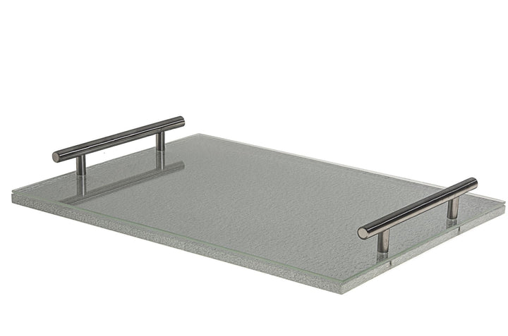 Silver sparkle Lucite challah board with stainless steel handles at both ends