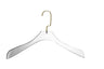Clear contoured Lucite hanger with a gold-tone hook on white