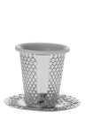 Stemless silver plated Kiddush cup with faceted diamond pattern and smooth panel on embossed tray