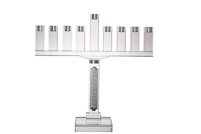 Large clear crystal menorah with nine block cups, raised shamash and crushed-stone center stem