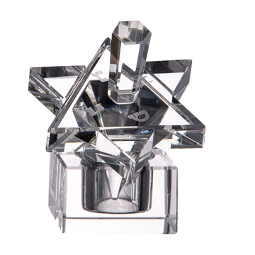Clear crystal Star of David dreidel with faceted stem and etched letters in a square stand