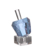 Faceted blue crystal dreidel with clear stem resting on a square clear crystal stand