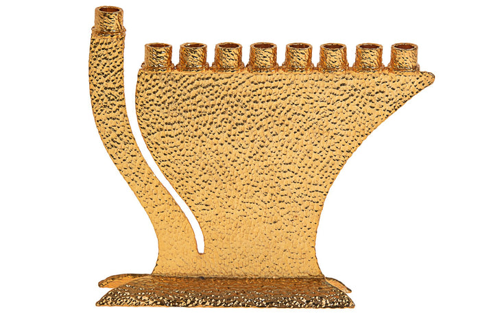 Gold hammered metal menorah with sweeping raised shamash and eight cups along the top