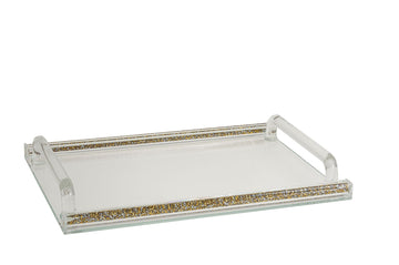 Clear rectangular challah board edged with gold crushed stone bands and clear bar handles