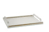 Clear rectangular challah board edged with gold crushed stone bands and clear bar handles