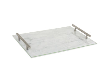 Rectangular marble-look white Lucite challah board with brushed silver-tone bar handles