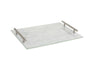 Rectangular marble-look white Lucite challah board with brushed silver-tone bar handles