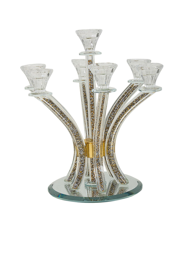 Seven-branch crystal candelabra with curved arms filled with crushed gold stones on a round mirror base