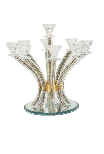 Candelabra Crystal with crushed gold stones 9 branches — alternate view | Judaica Square Lakewood
