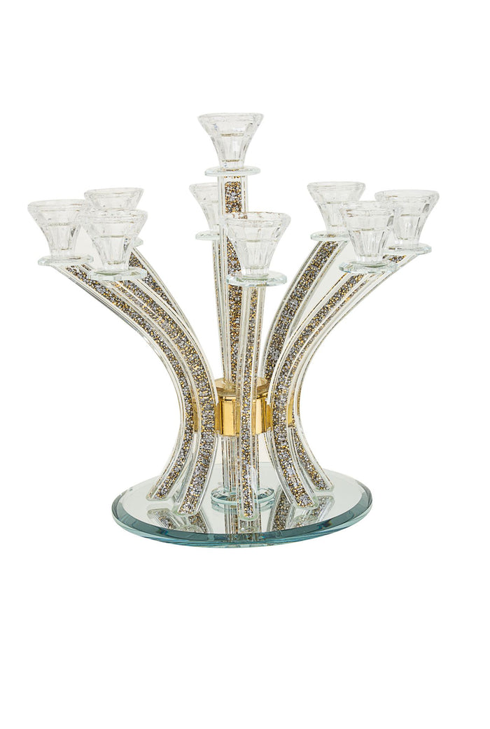 Nine-arm crystal candelabra with gold crushed-stone branches fanning from a gold collar on mirrored base
