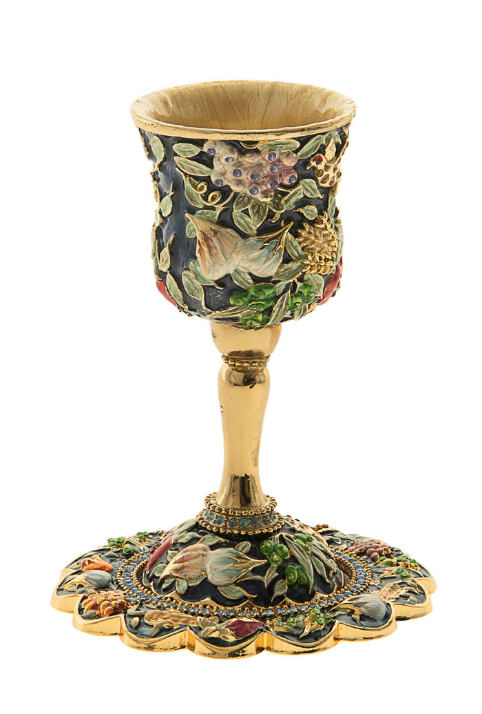Stemmed Kiddush cup with grapes and pomegranates painted on dark enamel and a scalloped jeweled base
