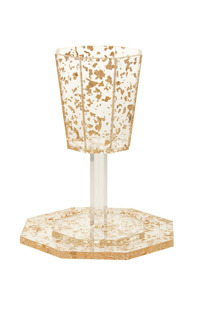 Elijah Cup on base and Tray Lucite Gold Flakes | Judaica Square Lakewood