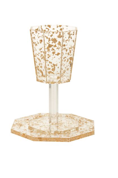 Elijah Cup on base and Tray Lucite Gold Flakes — alternate view | Judaica Square Lakewood