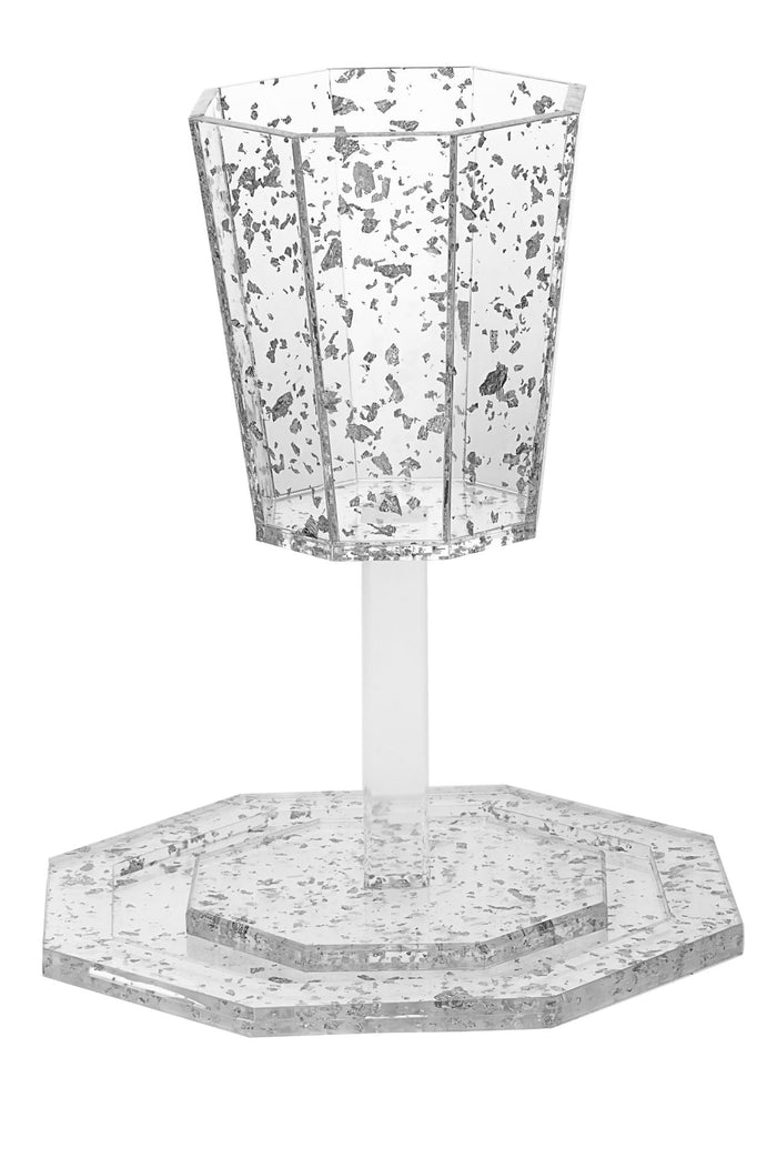 Elijah Cup on base and Tray Lucite Silver Flakes | Judaica Square Lakewood