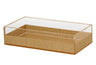 Rectangular napkin holder in clear lucite with warm gold tones running through it