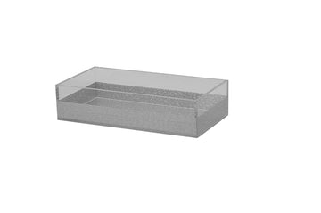 Clear lucite napkin holder with silver tone framing along its rectangular sides