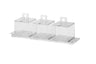 Clear lucite serving tray with three removable square dishes and a handle