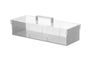 Rectangular lucite serving box divided into three compartments under a silver lid