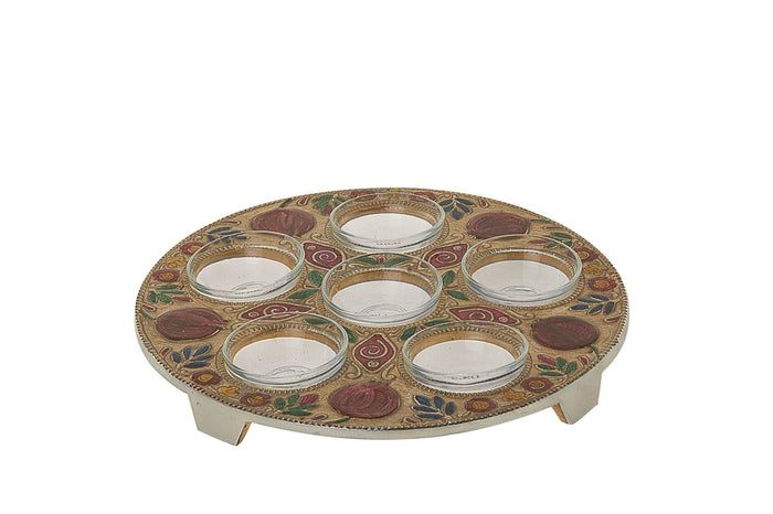 Round gold-tone metal Seder plate painted with red pomegranates, clear glass bowls and small feet