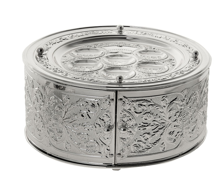 Silver-tone round three tier Seder plate with ornate floral side doors closed