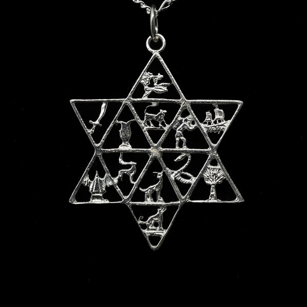 Openwork silver-tone Star of David filled with twelve tribe emblems, shown on black