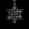 Openwork silver-tone Star of David filled with twelve tribe emblems, shown on black