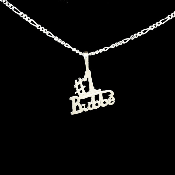 Sterling silver Number 1 Bubbe cutout pendant on a Figaro chain against black